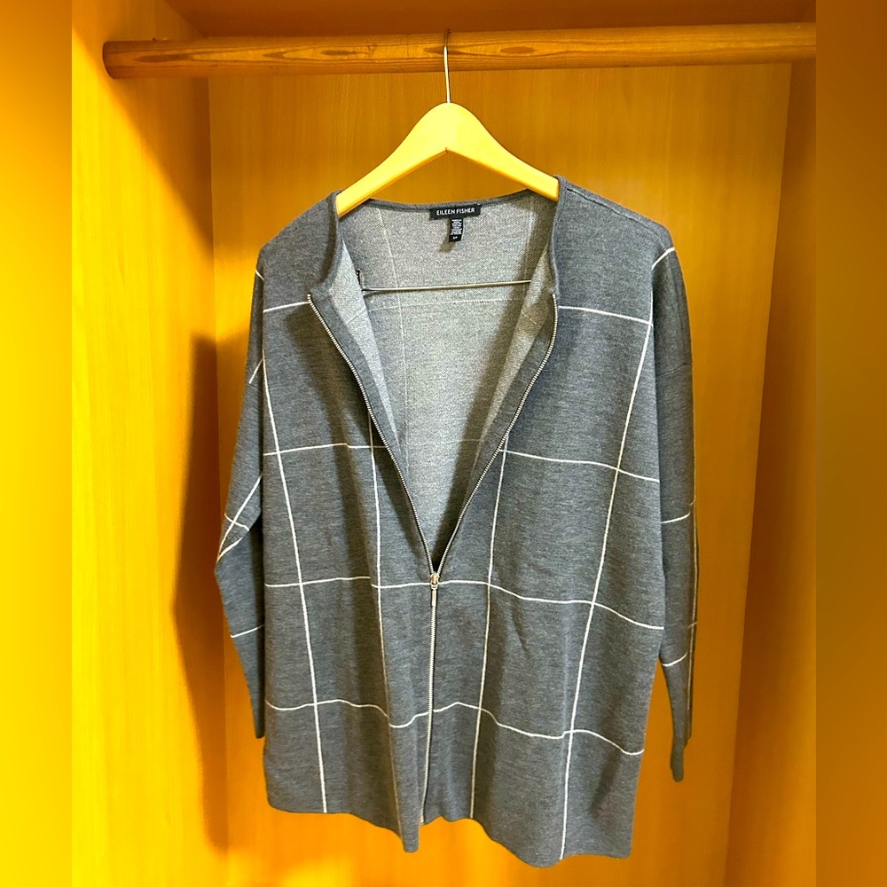 Eileen Fisher Merino Wool Plaid Cardigan Sweater Small